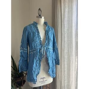 Women's Large Blouse Blue Cotton Eyelet Tie Boho Embroidered Lace Jacket Rare